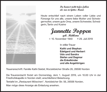 Traueranzeige von Jannette Poppen 