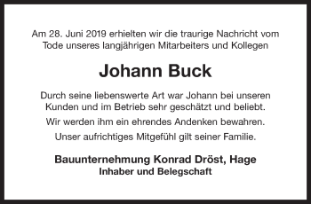 Traueranzeige von Johann Buck 