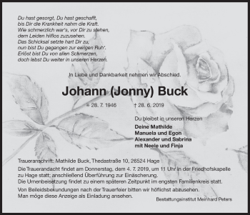 Traueranzeige von Johann Jonny Buck 