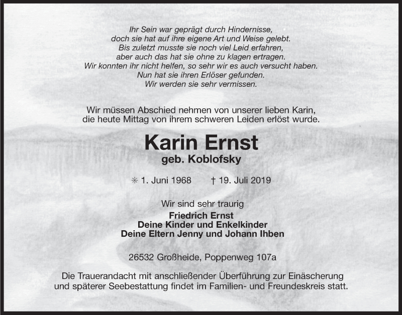  Traueranzeige für Karin Ernst vom 22.07.2019 aus 