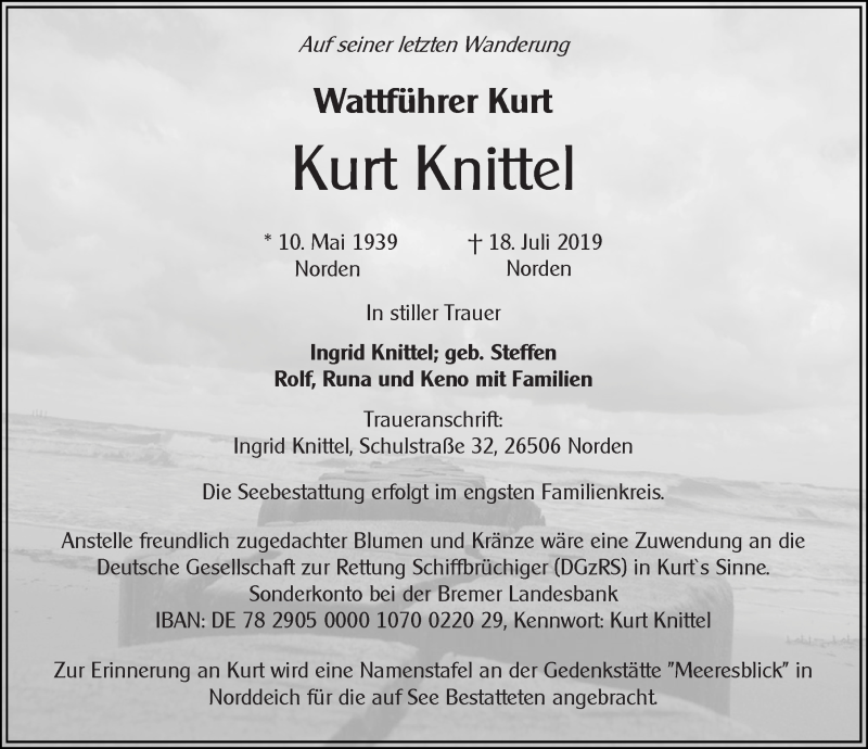 Traueranzeige für Kurt Knittel vom 20.07.2019 aus 
