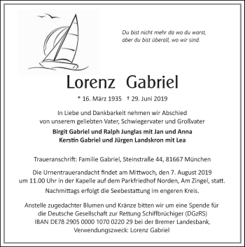 Traueranzeige von Lorenz Gabriel 