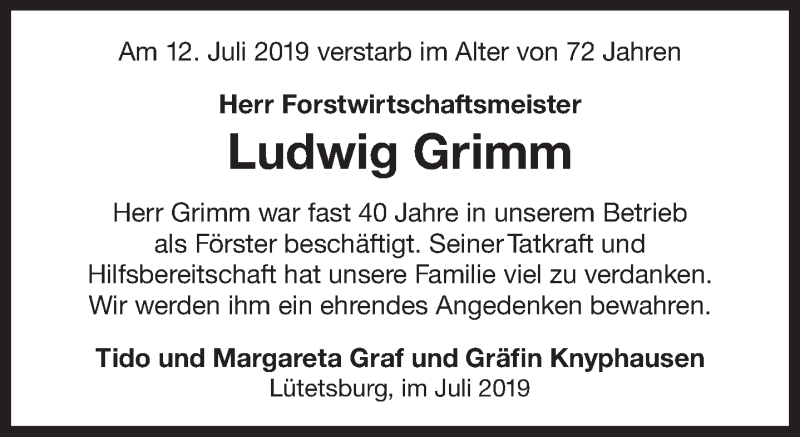  Traueranzeige für Ludwig Grimm vom 20.07.2019 aus 