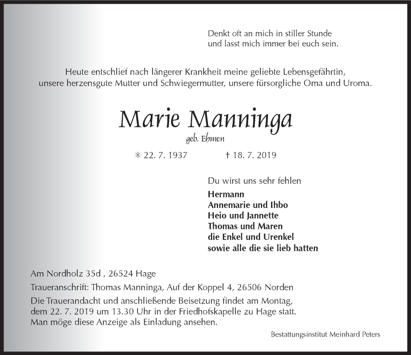 Traueranzeige für Marie Manninga vom 20.07.2019 aus 