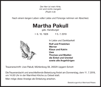 Traueranzeige von Martha Pakull 