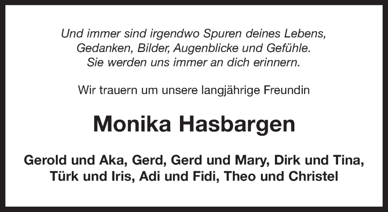  Traueranzeige für Monika Hasbargen vom 01.07.2019 aus 