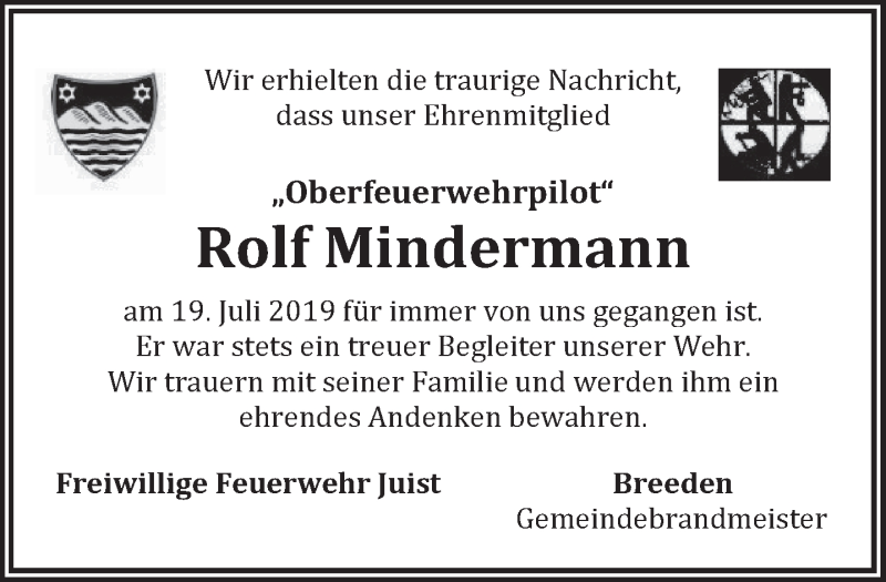  Traueranzeige für Rolf Mindermann vom 24.07.2019 aus 