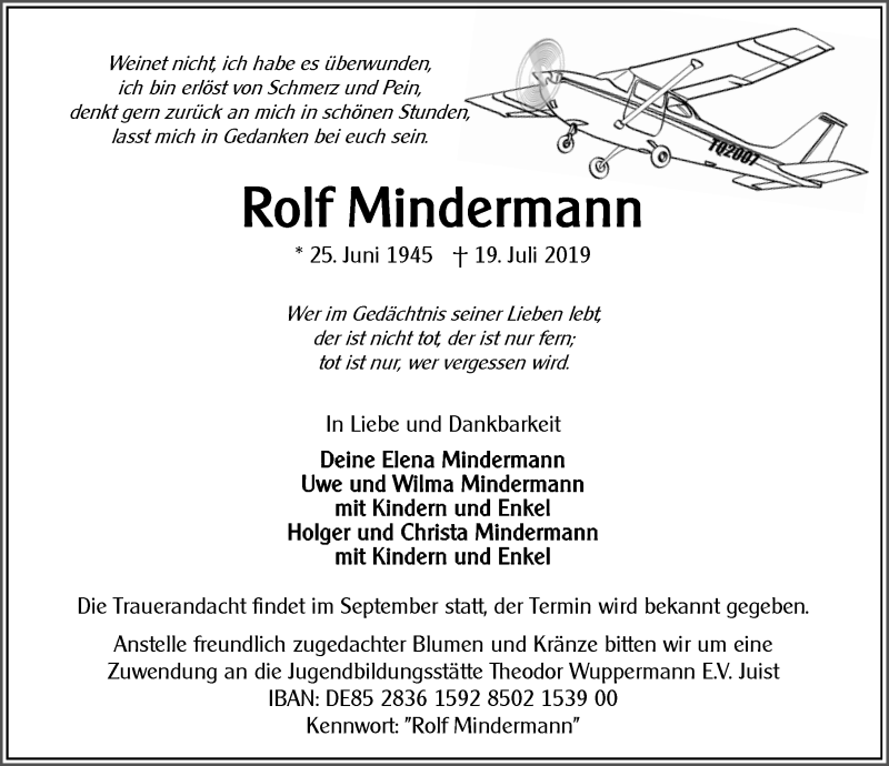  Traueranzeige für Rolf Mindermann vom 24.07.2019 aus 