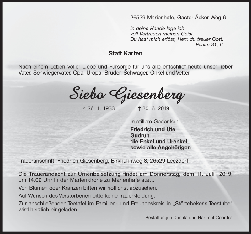  Traueranzeige für Siebo Giesenberg vom 06.07.2019 aus 