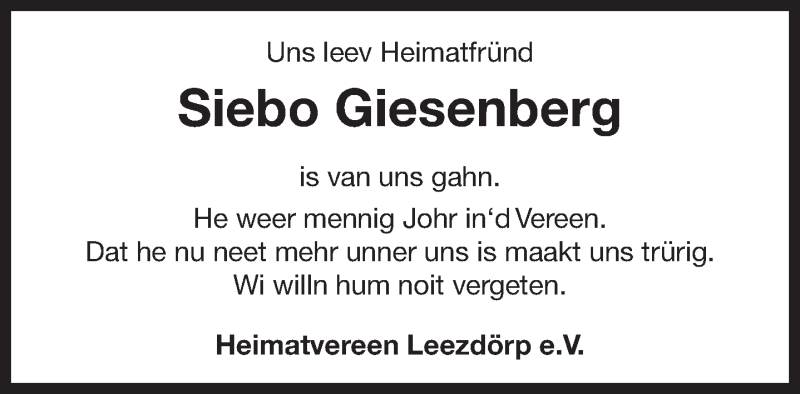  Traueranzeige für Siebo Giesenberg vom 10.07.2019 aus 