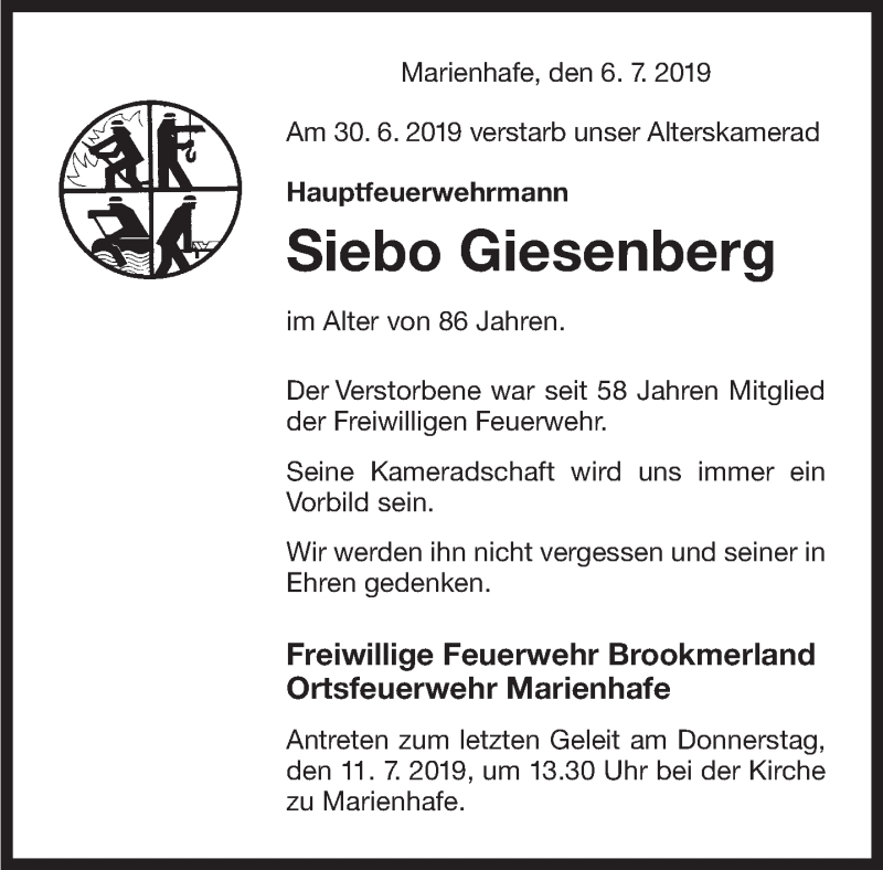  Traueranzeige für Siebo Giesenberg vom 06.07.2019 aus 