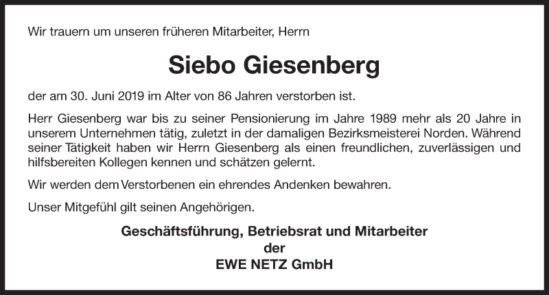  Traueranzeige für Siebo Giesenberg vom 09.07.2019 aus 