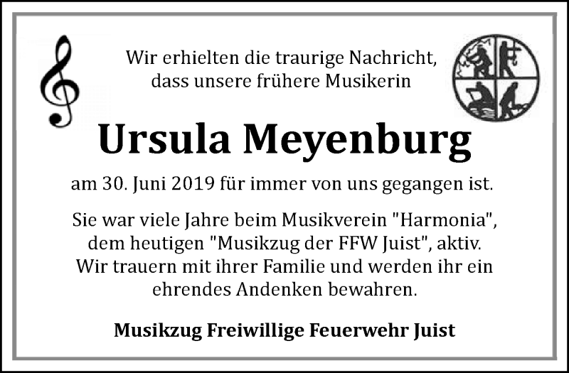  Traueranzeige für Ursula Meyenburg vom 06.07.2019 aus 