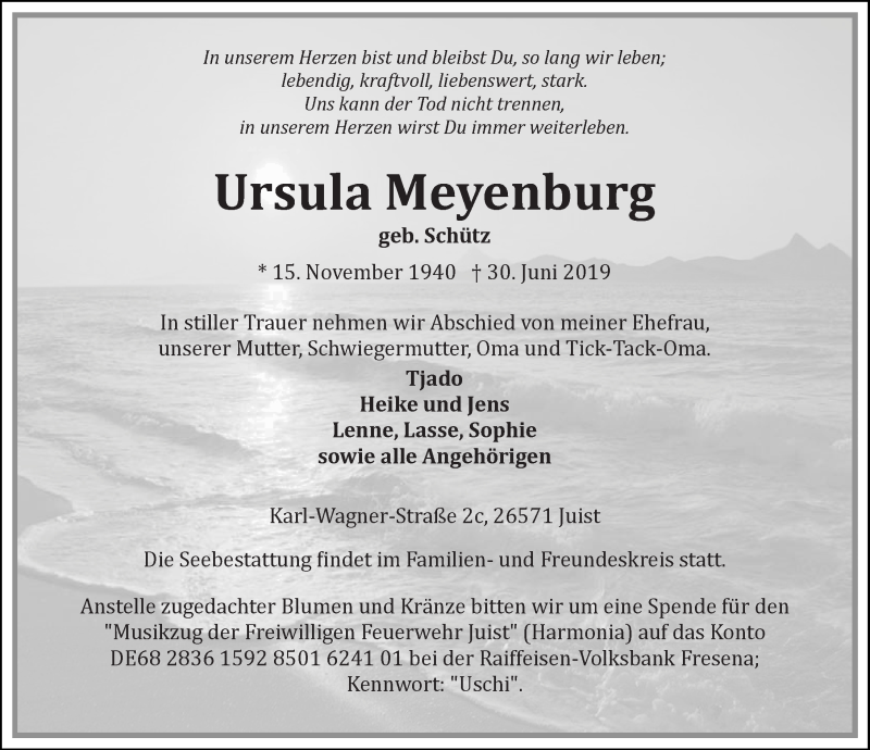  Traueranzeige für Ursula Meyenburg vom 06.07.2019 aus 