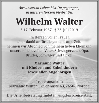 Traueranzeige von Wilhelm Walter 
