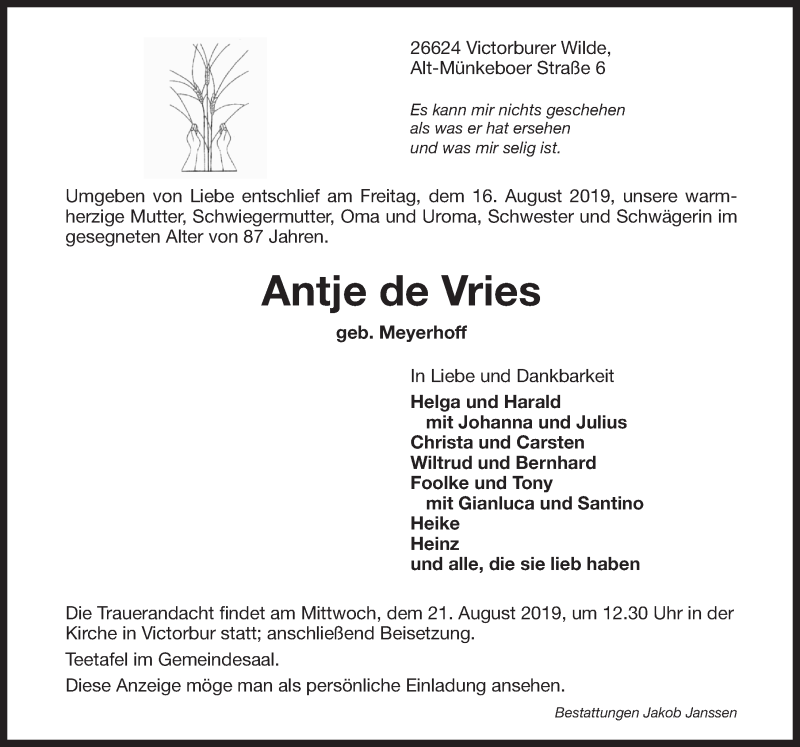  Traueranzeige für Antje de Vries vom 19.08.2019 aus 