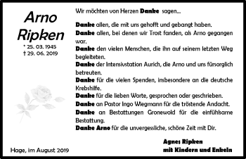 Traueranzeige von Arno Ripken 