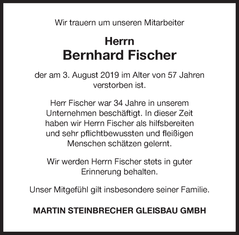  Traueranzeige für Bernhard Fischer vom 07.08.2019 aus 