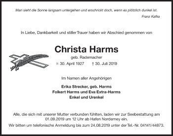 Traueranzeige von Christa Harms 