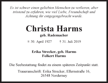 Traueranzeige von Christa Harms 