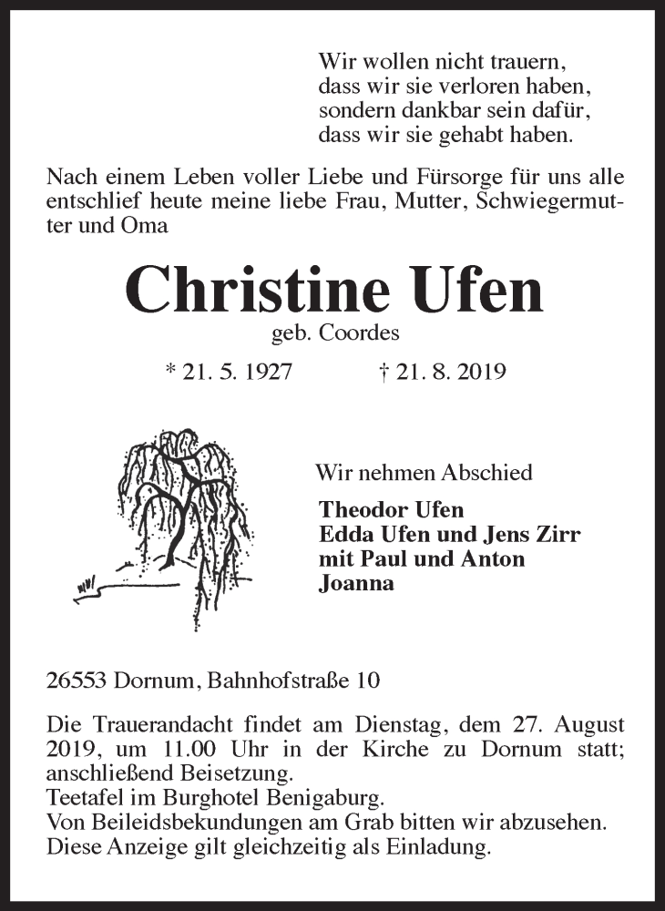  Traueranzeige für Christine Ufen vom 23.08.2019 aus 