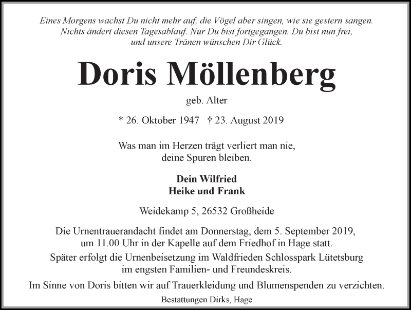  Traueranzeige für Doris Möllenberg vom 31.08.2019 aus 