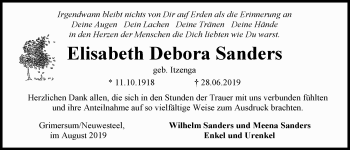 Traueranzeige von Elisabeth Debora Sanders 