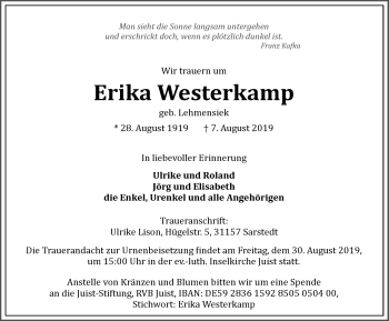 Traueranzeige von Erika Westerkamp 