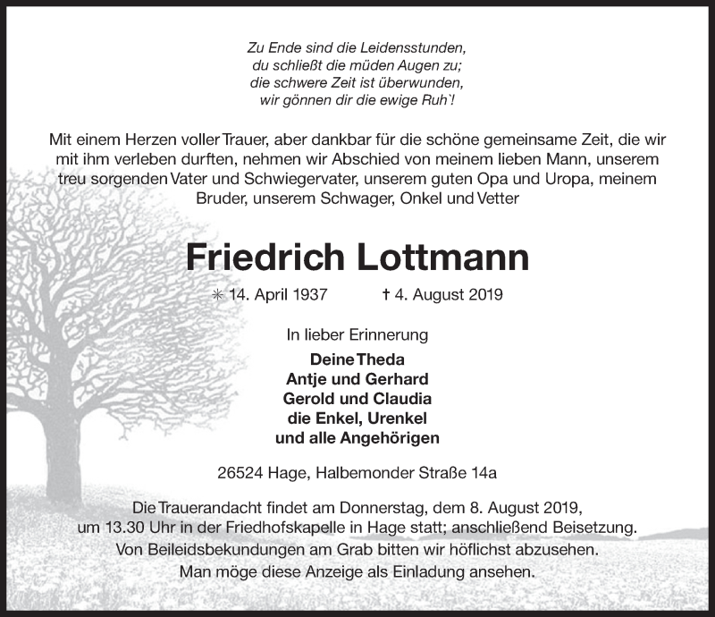  Traueranzeige für Friedrich Lottmann vom 06.08.2019 aus 