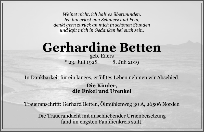  Traueranzeige für Gerhardine Betten vom 17.08.2019 aus 