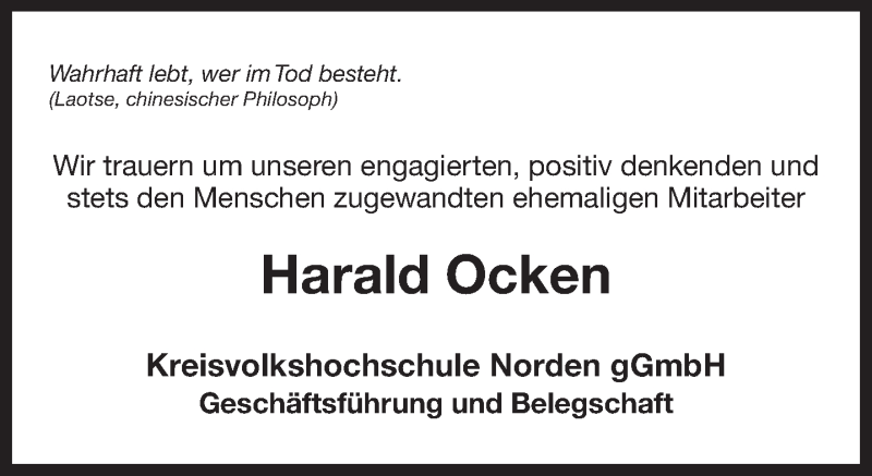  Traueranzeige für Harald Ocken vom 07.08.2019 aus 