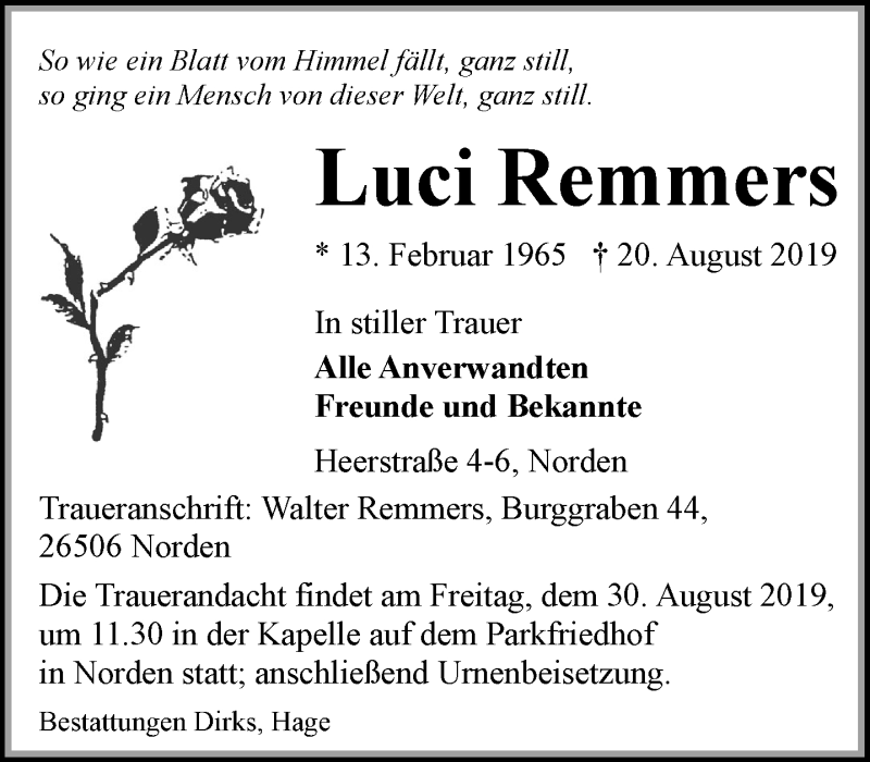 Traueranzeige für Luci Remmers vom 24.08.2019 aus 