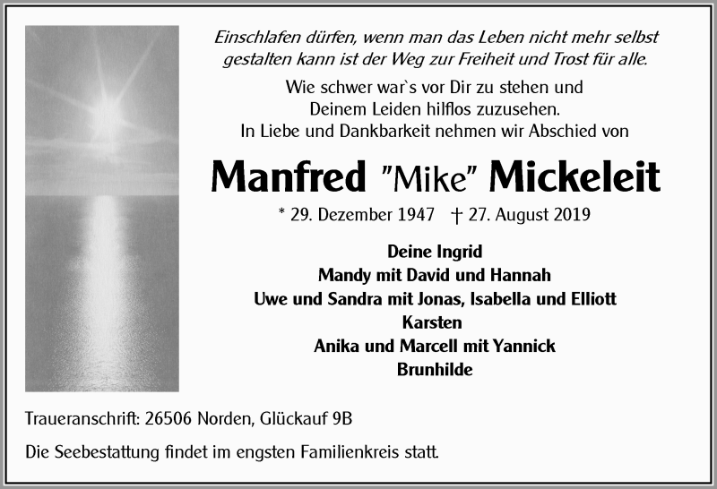  Traueranzeige für Manfred Mickeleit vom 31.08.2019 aus 