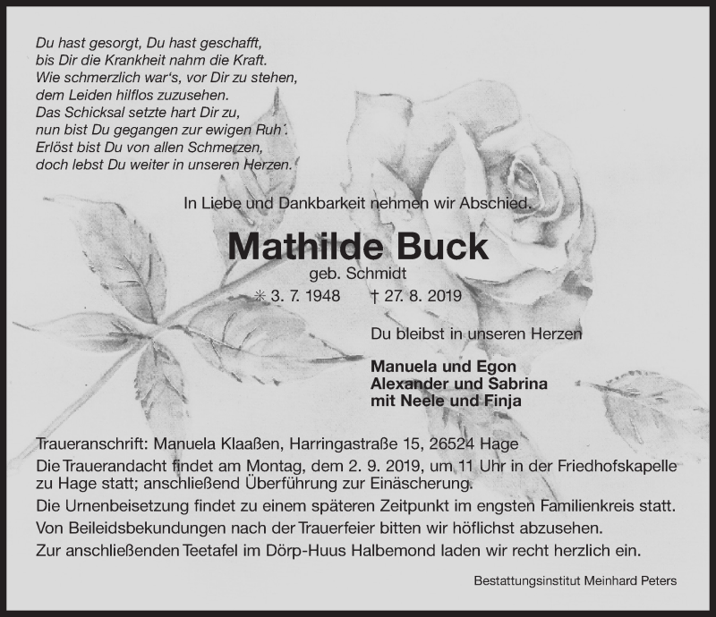  Traueranzeige für Mathilde Buck vom 29.08.2019 aus 