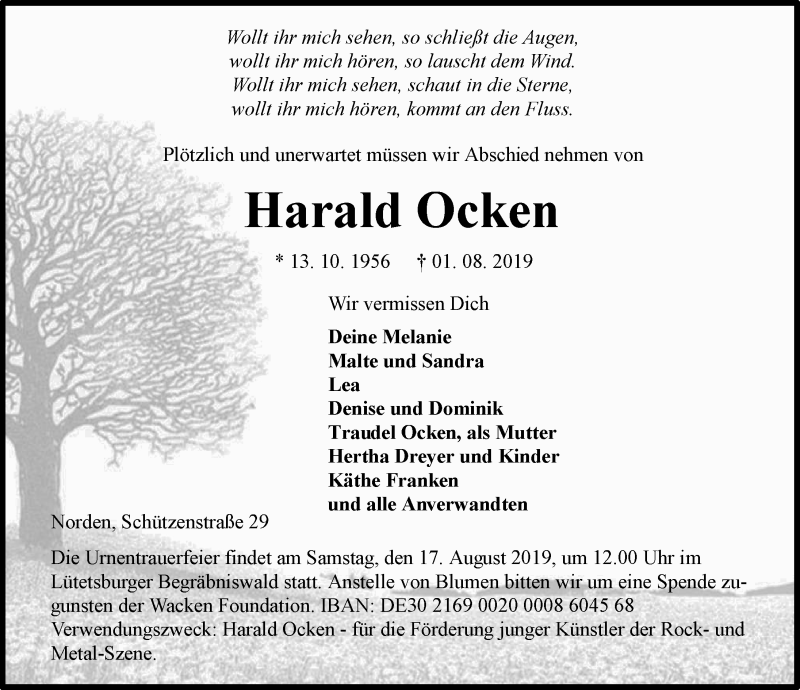  Traueranzeige für Harald Ocken vom 03.08.2019 aus 