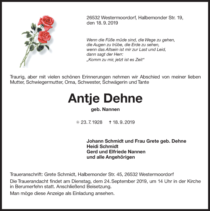  Traueranzeige für Antje Dehne vom 21.09.2019 aus 