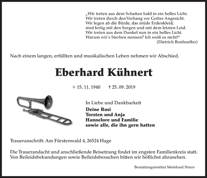  Traueranzeige für Eberhard Kühnert vom 28.09.2019 aus 