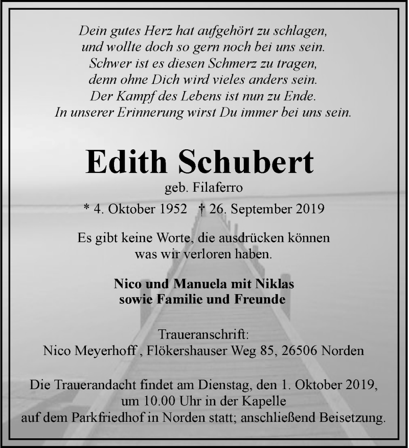  Traueranzeige für Edith Schubert vom 28.09.2019 aus 