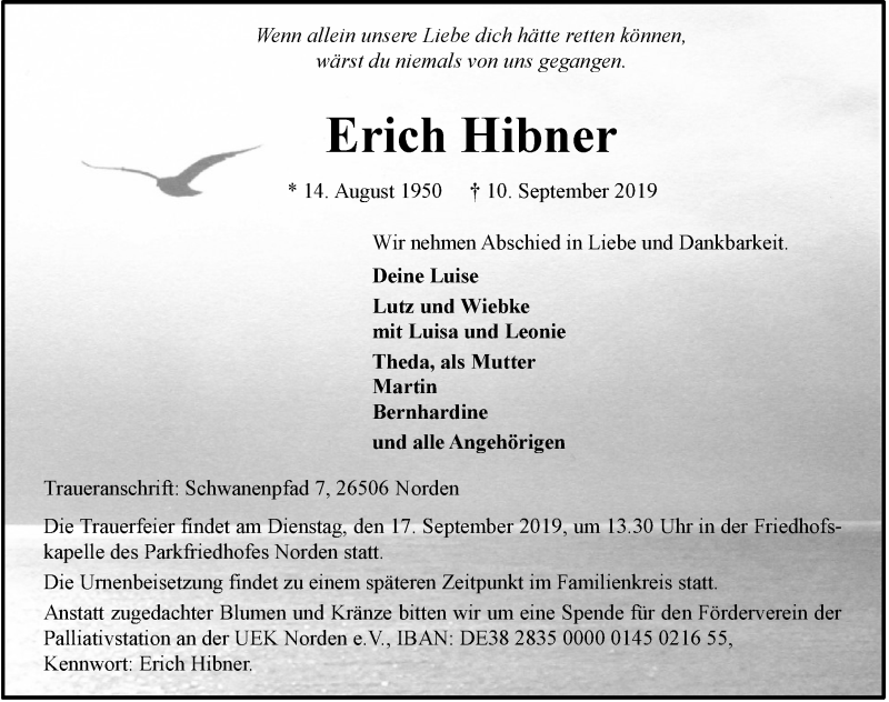  Traueranzeige für Erich Hibner vom 12.09.2019 aus 