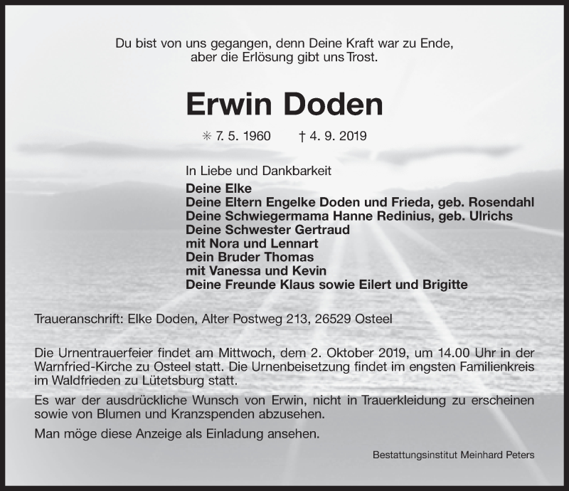  Traueranzeige für Erwin Doden vom 28.09.2019 aus 