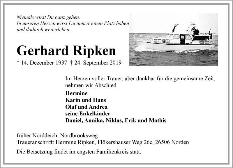  Traueranzeige für Gerhard Ripken vom 28.09.2019 aus 