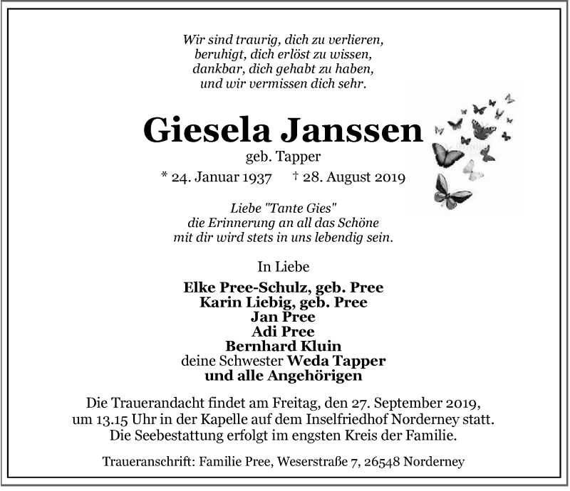  Traueranzeige für Giesela Janssen vom 04.09.2019 aus 