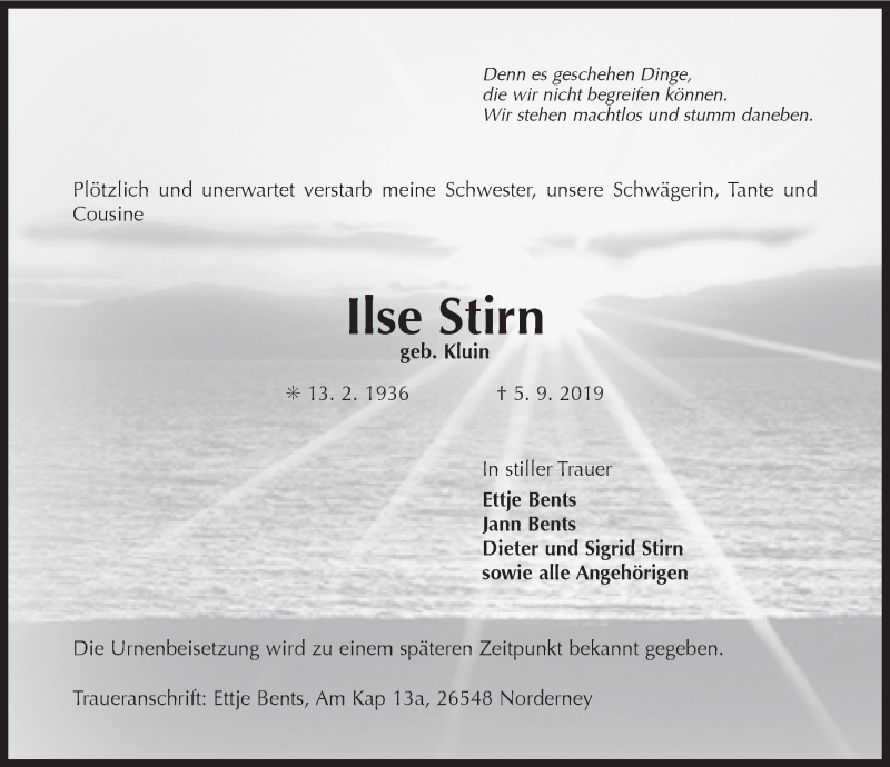  Traueranzeige für Ilse Stirn vom 10.09.2019 aus 