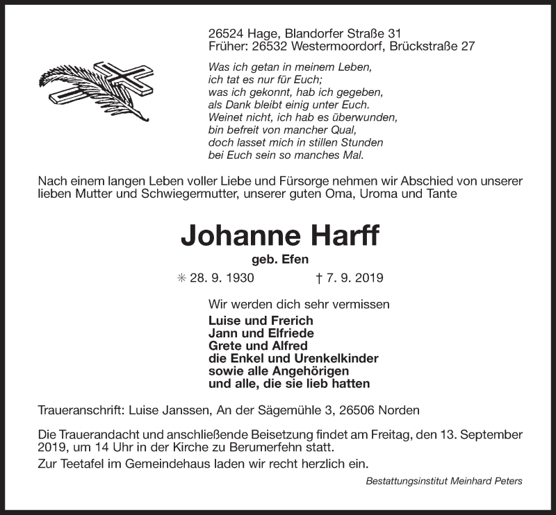  Traueranzeige für Johanne Harff vom 09.09.2019 aus 