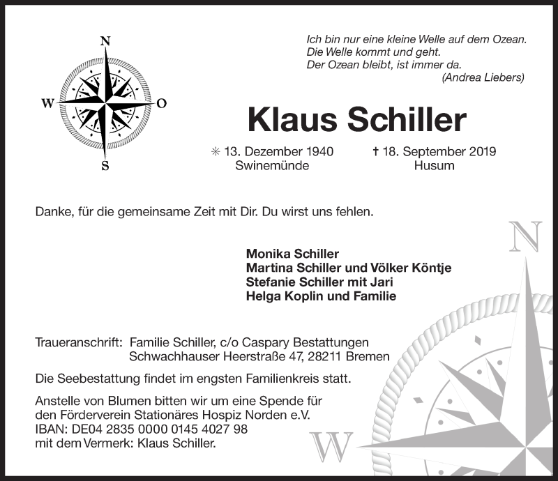  Traueranzeige für Klaus Schiller vom 24.09.2019 aus 