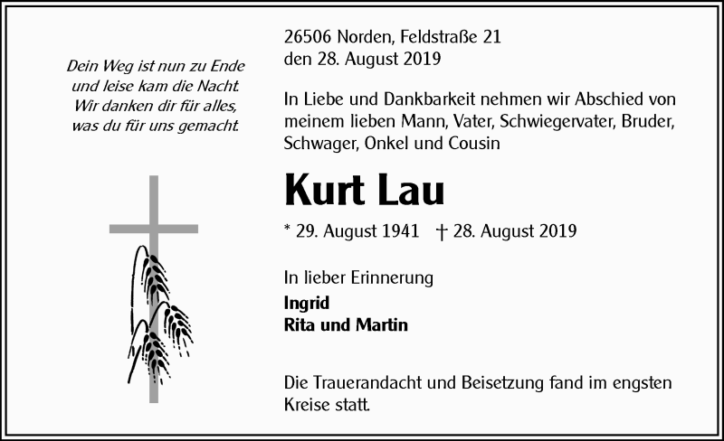  Traueranzeige für Kurt Lau vom 04.09.2019 aus 