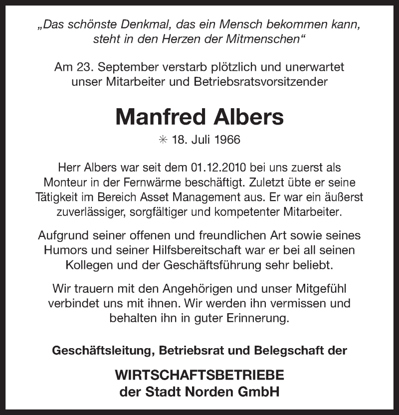  Traueranzeige für Manfred Albers vom 27.09.2019 aus 