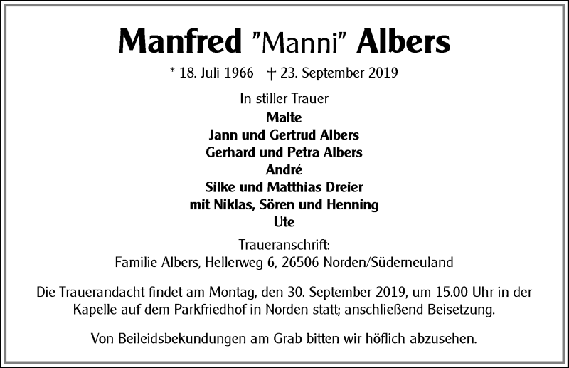  Traueranzeige für Manfred Albers vom 26.09.2019 aus 