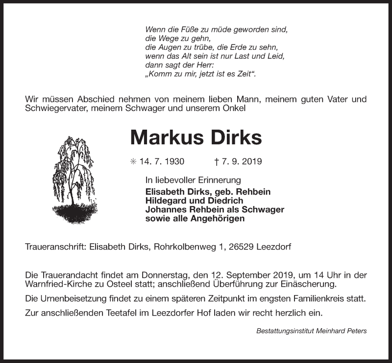  Traueranzeige für Markus Dirks vom 09.09.2019 aus 