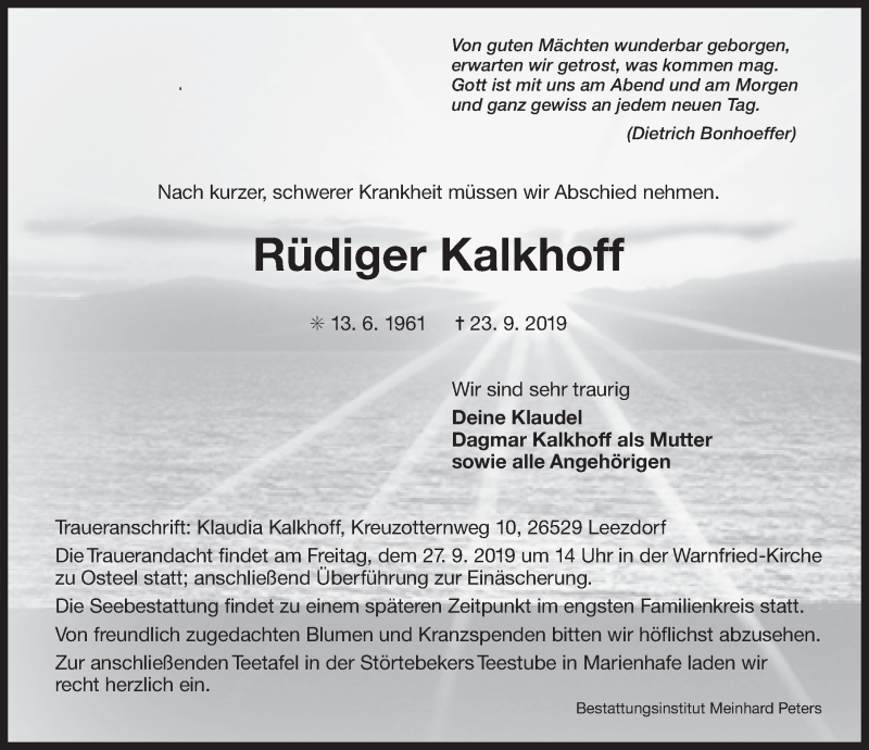  Traueranzeige für Rüdiger Kalkhoff vom 26.09.2019 aus 
